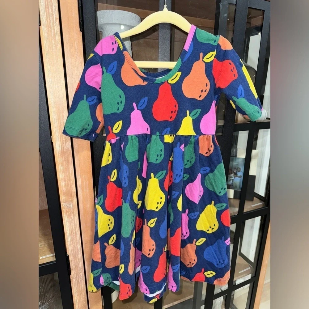 Hanna Andersson jersey skater dress Colorful Pears On Navy elbow rainbow toddler